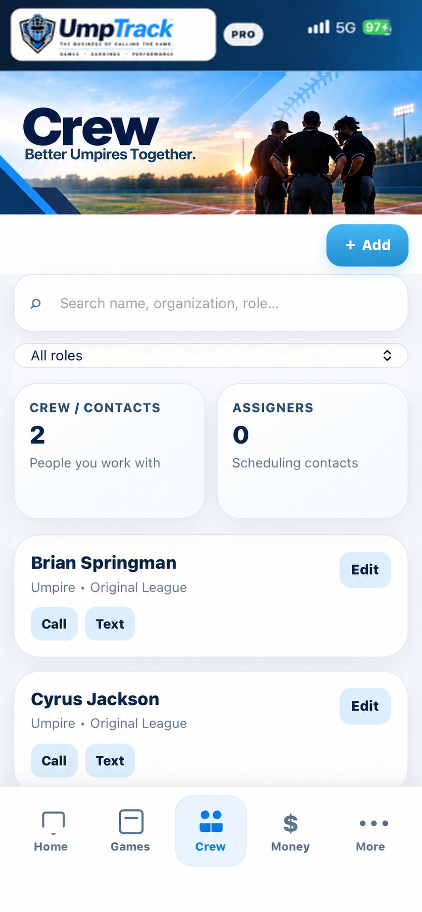 UmpTrack Crew contacts screen