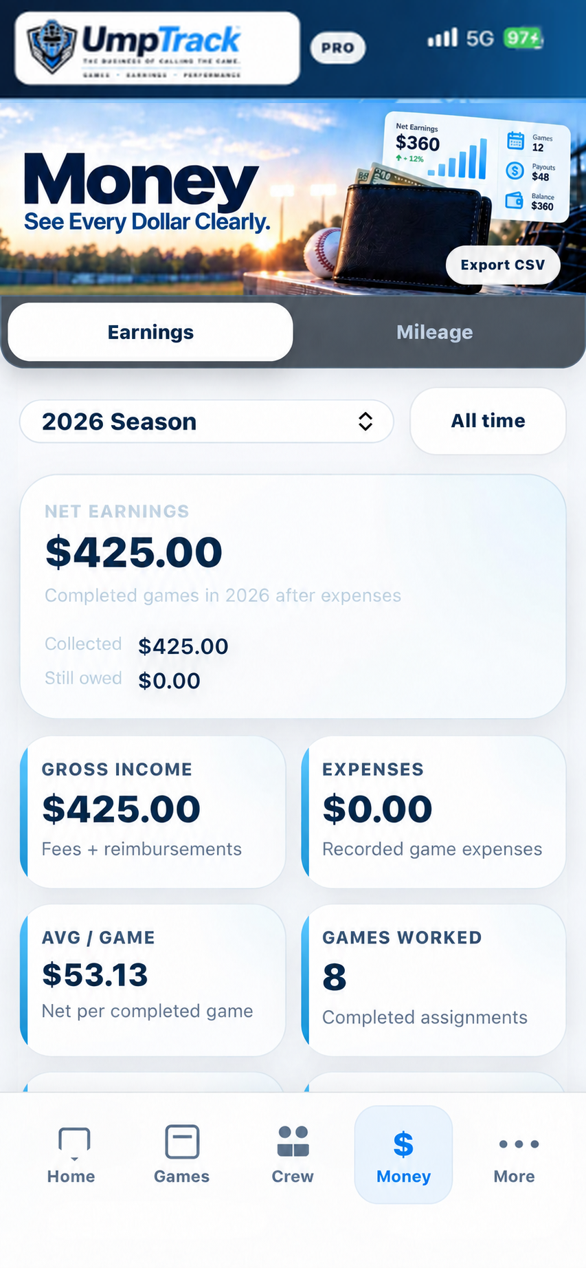 UmpTrack Money earnings overview screen